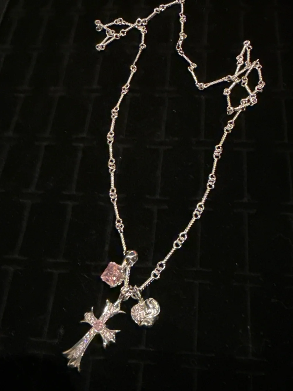 Silver Cross Necklace with Pink Crystal Accents - Women's Jewelry